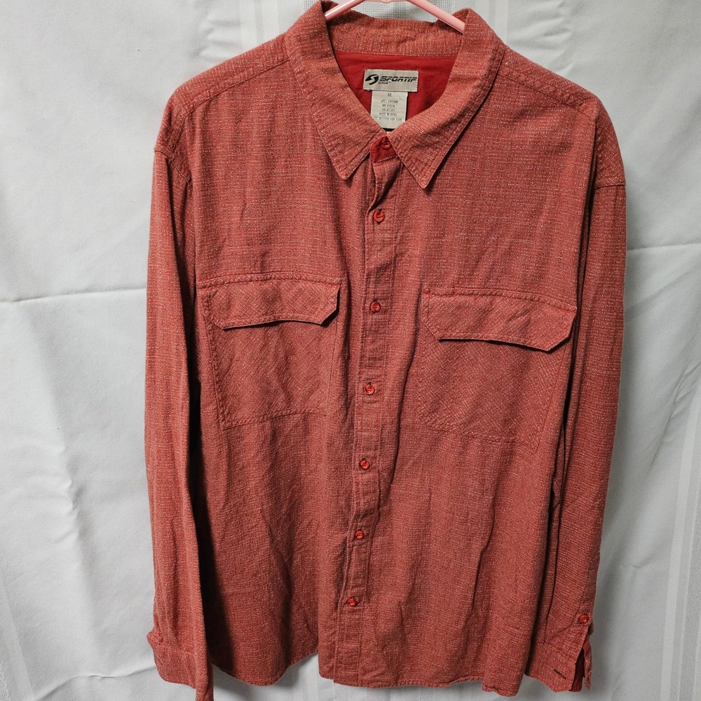Sportif USA Button Down Shirt Mens XL Red Long Sleeve Cotton Textured Outdoor